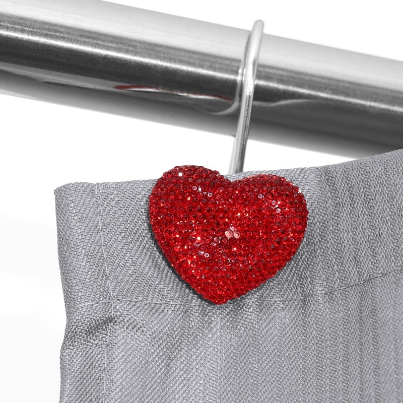 Popkozzi Valentines Day Shower Curtain Hooks: Red Heart Shower Curtain Hooks - Luxury Sparkly Crystal Rhinestone Decorative Stainless Steel Shower Rings Hangers for Christmas Holiday Women Girls Bathroom Décor - Image 2